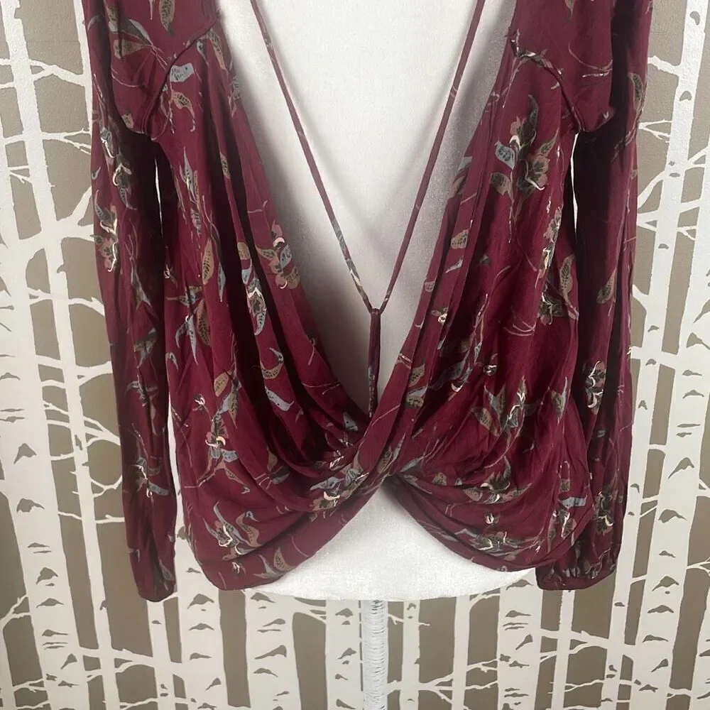 Free People Burgundy Floral Print Open Draped Back Long Sleeve Top S - Picture 7 of 10
